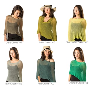 May include: A collection of six lightweight, semi-sheer knit ponchos in various shades of green, including olive green #16, moss green #17, chartreuse green #62, sage green #109, pine green #102, and emerald green #52, worn over black tops.