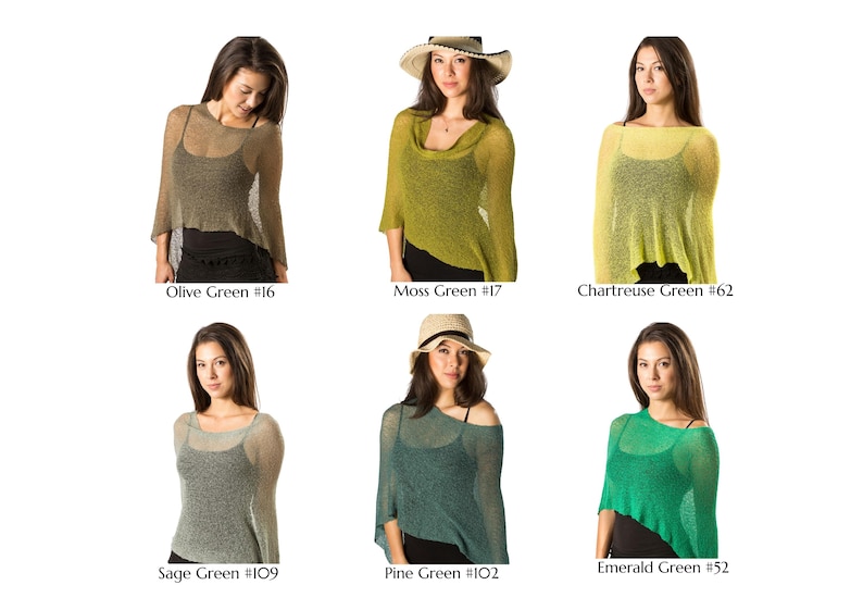 May include: A collection of six lightweight, semi-sheer knit ponchos in various shades of green, including olive green #16, moss green #17, chartreuse green #62, sage green #109, pine green #102, and emerald green #52, worn over black tops.