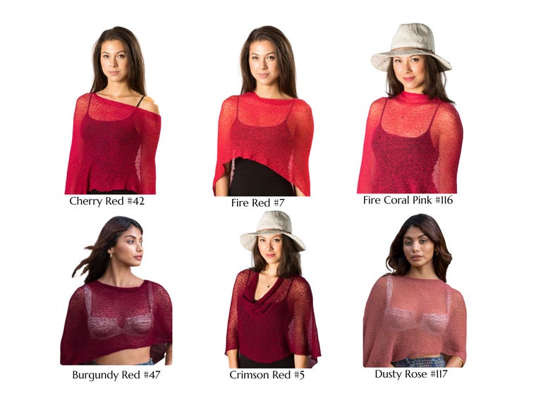 May include: A collection of six lightweight, semi-sheer knit ponchos in various shades of red and pink, labeled as Cherry Red #42, Fire Red #7, Fire Coral Pink #116, Burgundy Red #47, Crimson Red #5, and Dusty Rose #117, worn over dark tops.