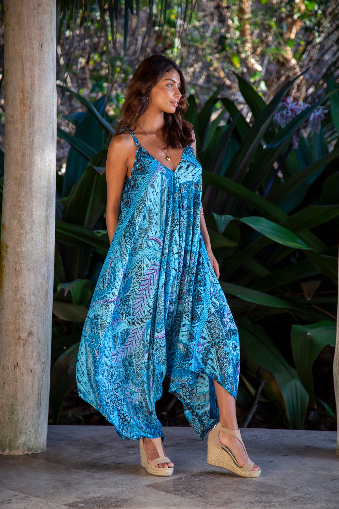 Turquoise Batik Harem Jumpsuit, Convertible Tropical Beach Cover