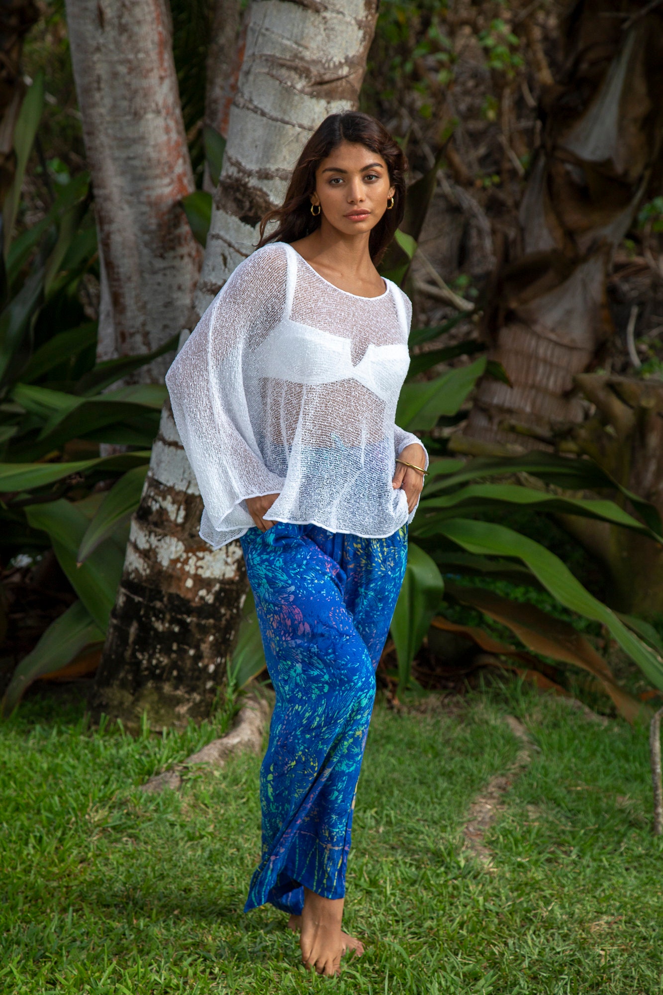White Oversized Sheer Knit Sweater, Loose See Through Summer Top