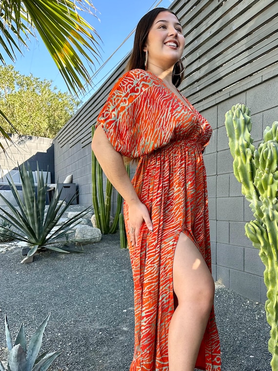 縁-EN-orange（あご紐付き） Orange Zebra Maxi Kimono Slit Dress, Sexy Double Slit Summer