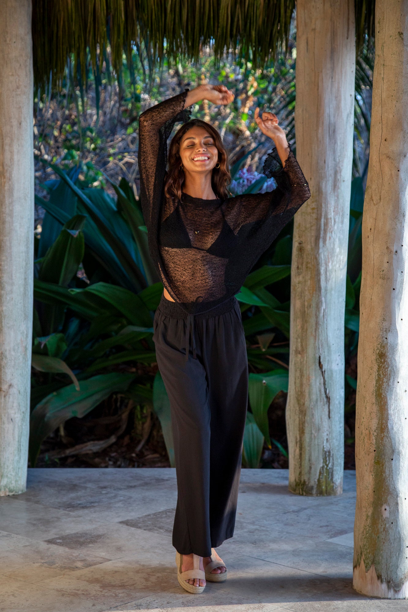 【正規品】ANDMARY Sheer loose knit tops black New! Black Sheer Knit Sweater Cover Up, off Shoulder or Boat Neck