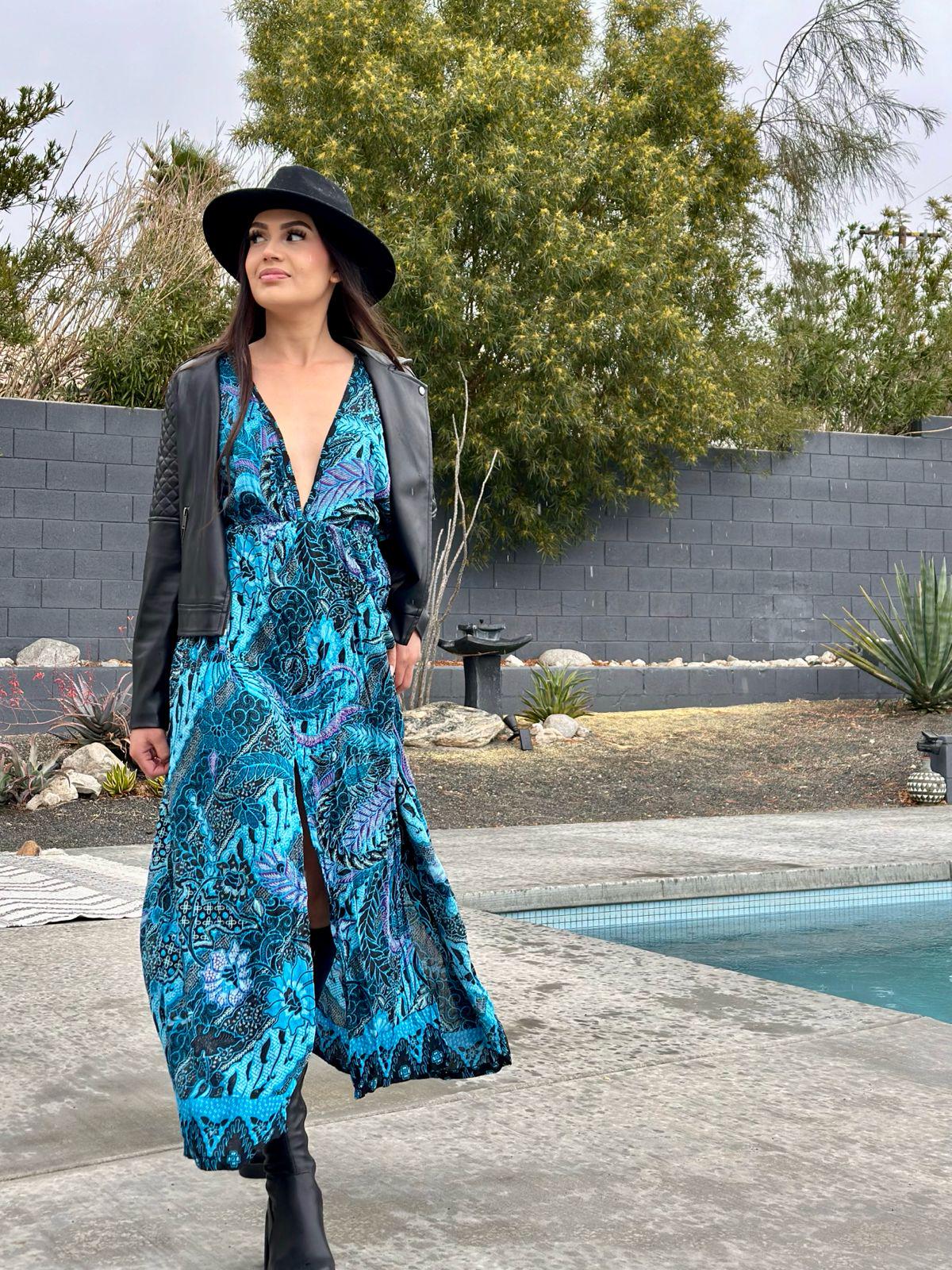 Navy Leaf Kimono Slit Dress, Sexy Double Slit Long Dress, Vacation