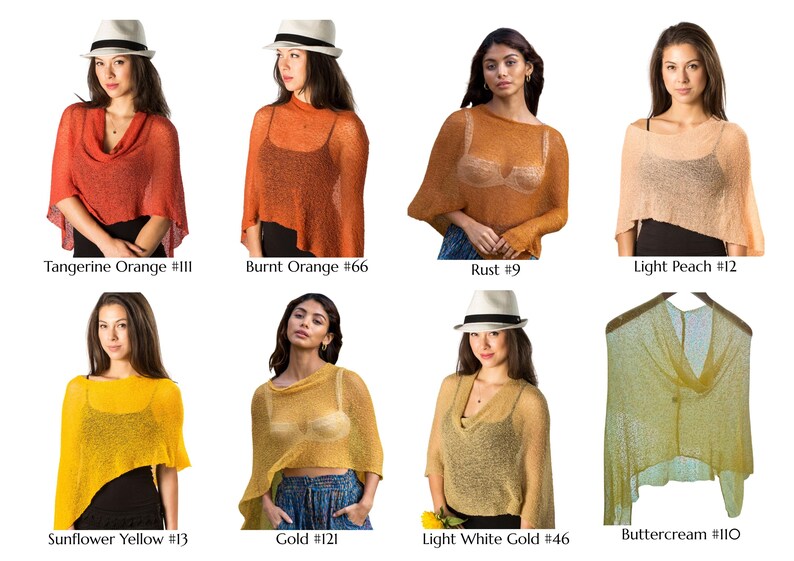 Może przedstawiać: Kolekcja ośmiu lekkich, p&oacute;łprzezroczystych dzianinowych ponczo w r&oacute;żnych kolorach, w tym Tangerine Orange #111, Burnt Orange #66, Rust #9, Light Peach #12, Sunflower Yellow #13, Gold #121, Light White Gold #46 oraz Buttercream #110.