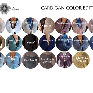 Puede incluir: Una carta de colores titulada CARDIGAN COLOR EDIT que presenta dieciocho muestras circulares de c&aacute;rdigans de punto en varios tonos, incluyendo blanco, crema, caqui, rosa, champ&aacute;n, oliva, verde, negro, marino, azul, gris, morado y dorado.
