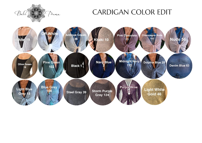 Puede incluir: Una carta de colores titulada CARDIGAN COLOR EDIT que presenta dieciocho muestras circulares de c&aacute;rdigans de punto en varios tonos, incluyendo blanco, crema, caqui, rosa, champ&aacute;n, oliva, verde, negro, marino, azul, gris, morado y dorado.