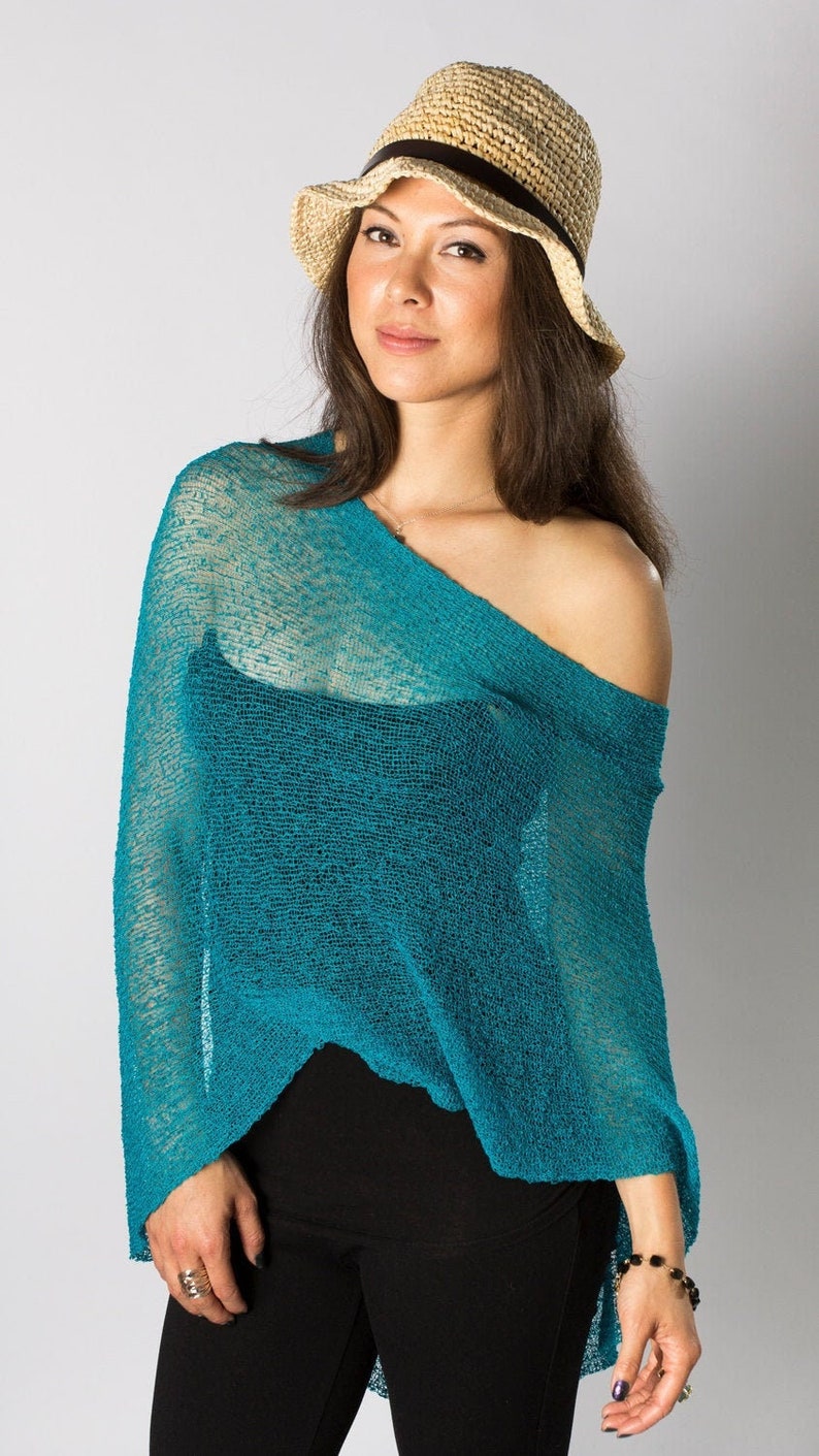 Peacock Teal Versatile Poncho Cape, Wedding Shawl, Lightweight Knit Poncho, Sheer Summer Poncho, Beach Cover Up, 50 ColorS 40 Teal Turquoise 40