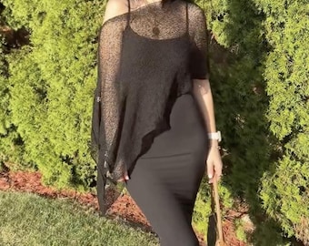 Black Poncho, Women Knit Poncho, Infinity Wedding Poncho, Lightweight Shawl, Resort Wear, Summer Poncho (PRE-ORDER MAY 11)