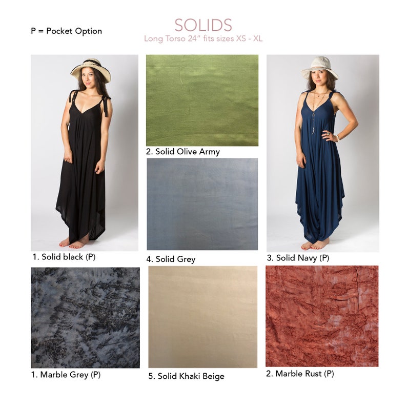 May include: Six different fabric swatches for a long torso jumpsuit. The fabrics include solid black, solid olive army, solid grey, solid navy, marble grey, and marble rust. The text "P = Pocket Option" is at the top of the image. The text "SOLIDS" is at the top of the image. The text "Long Torso 24" fits sizes XS - XL" is below the word "SOLIDS".