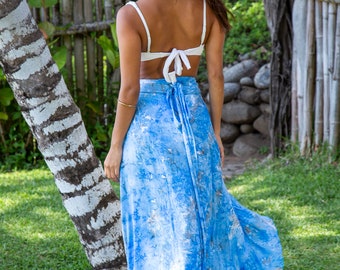 Blue Tie-dye Wrap-around Skirt Dress With Ruffled Edge, Long Skirt