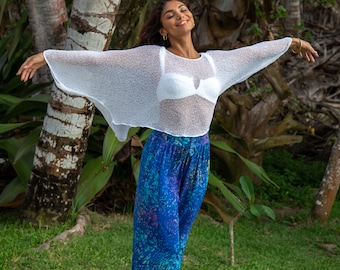 【GRANCY】Print Design Sheer Knit White Oversized Sheer Knit Sweater, Loose See Through Summer Top