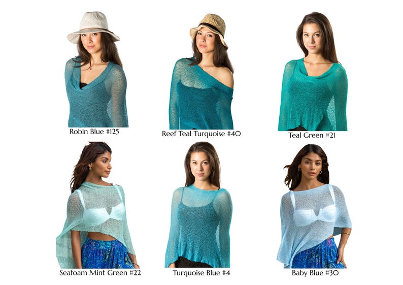 May include: A collection of six lightweight, semi-sheer knit ponchos in various shades of blue and green, labeled as Robin Blue #125, Reef Teal Turquoise #40, Teal Green #21, Seafoam Mint Green #22, Turquoise Blue #4, and Baby Blue #30.