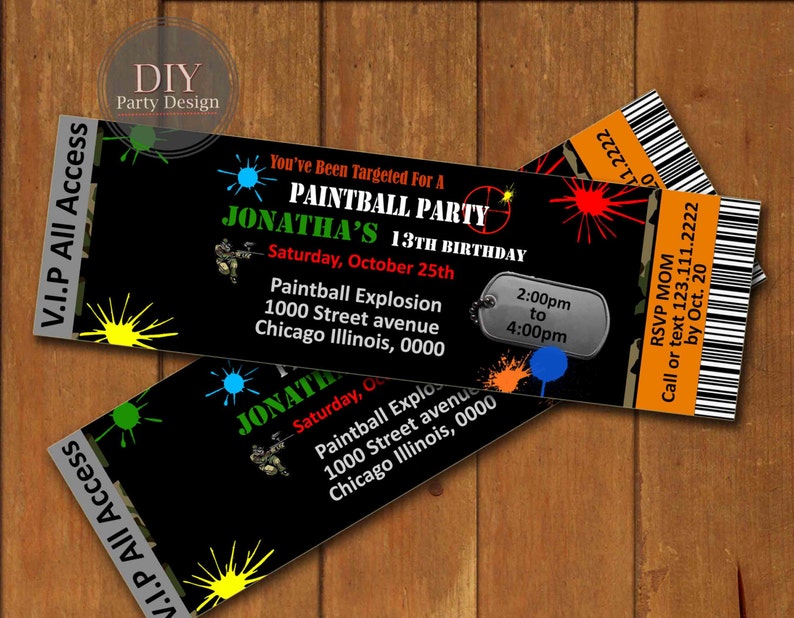 Paintball Ticket Birthday Invitation Digital Party Etsy