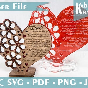 Coração do Dia dos Namorados 3D, o amor é paciente em pé SVG (Coríntios 13:4) Vetor cortado a laser ARQUIVO DIGITAL com flores e duas opções de suporte