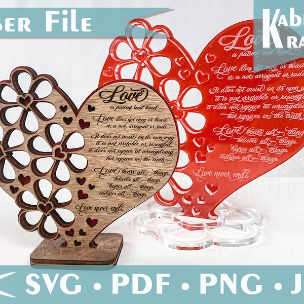 3D Valentinstag Herz, Love is Patient stehend SVG (Corinthians 13:4) Laser Cut Vektor DIGITALE DATEI mit Blumen und zwei Standoptionen