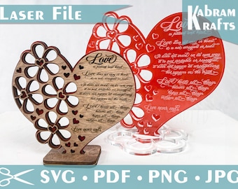 3D Valentine&#39;s Day Heart, Love is Patient standing SVG  (Corinthians 13:4) Laser Cut Vector DIGITAL FILE with flowers and two stand options