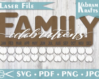 Laser Template for Family Celebrations Laser Cut Sign – SVG Template Download. Sign, overlay and name plates circle and heart for hanging.