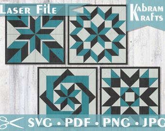 Barn Quilt Pattern SVG Laser Cut Design for Wooden Wall Quilt, Bundle of 4 Designs made for Glowforge, Laser, Hobby Cutting Machines, Cricut