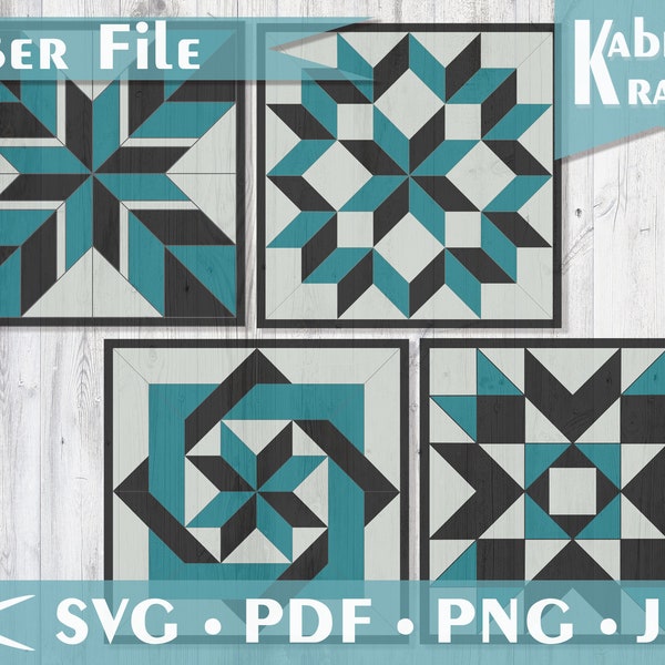 Barn Quilt Pattern SVG Laser Cut Design for Wooden Wall Quilt, Bundle of 4 Designs made for Glowforge, Laser, Hobby Cutting Machines, Cricut