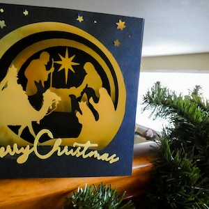 3D Nativité Noël SVG / Pop-up Carte de Noël / Carte de tunnel stratifiée découpée en papier / Scène dimensionnelle en carton / Fichier de découpe de carte de vacances numérique