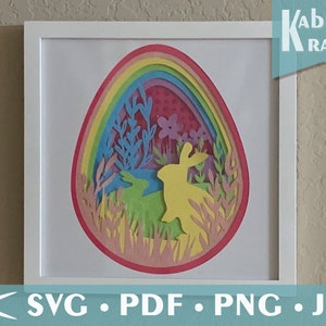 Easter SVG Bunny & Egg Paper Cutout Template  - 3D Light Box Shadow Digital Pattern Download File Spring with layered Eggs, Rabbits, flowers