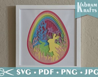 Easter SVG Bunny & Egg Paper Cutout Template  - 3D Light Box Shadow Digital Pattern Download File Spring with layered Eggs, Rabbits, flowers