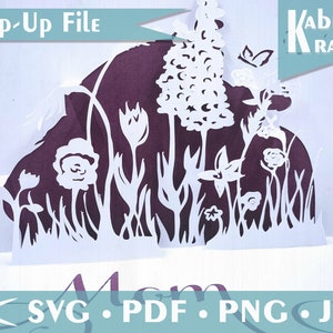 SVG Flowers Pop Up Card Template Digital File per Cricut Silhouette Cameo o macchine da taglio laser. Ottimo per le cartoline della festa della mamma per mamma 3D