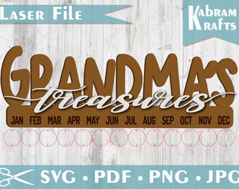 Grandma's Treasures Family Birthdays Laser Cut Sign – SVG Template Download. Includes sign, overlay and name plates for Family Birthdays