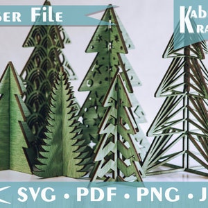 3D Standing Christmas Trees Laser Template–SVG Download. Bundle of 8 different styles - boho, rattan, geometric designs, each in four sizes.