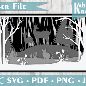 Projekt wycinany laserowo w formacie SVG z warstwami lasu – jelenie, króliki i drewno w 4 warstwach zaprojektowane do wycinarki laserowej lub papieru z grafiką sylwetkową Cricut