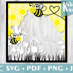 Bumble Bee Honeycomb - 3D Paper Cut Template Light Box Shadow Box SVG Digital Download File Baby Shower Gift Square Layered Paper Art Frame