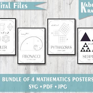 Printable Math Posters for the Classroom - Mathematics Digital Downloads featuring Fibonacci, Pythagoras, Sirepinski, Euler in PDF, SVG, JPG