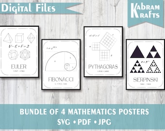 Printable Math Posters for the Classroom - Mathematics Digital Downloads featuring Fibonacci, Pythagoras, Sirepinski, Euler in PDF, SVG, JPG