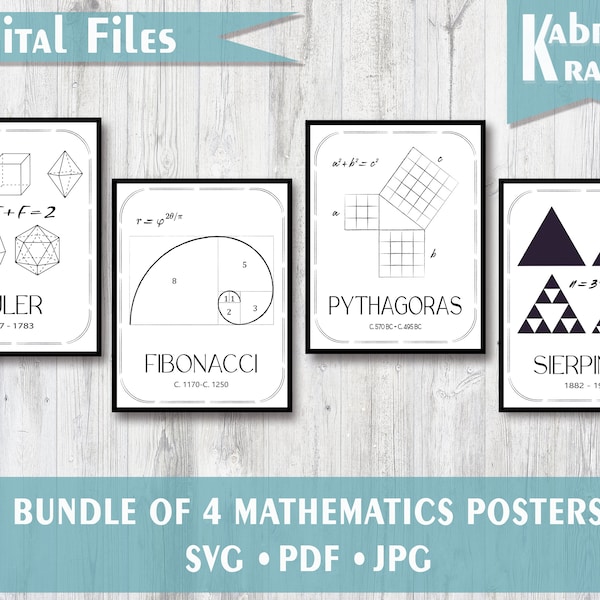 Printable Math Posters for the Classroom - Mathematics Digital Downloads featuring Fibonacci, Pythagoras, Sirepinski, Euler in PDF, SVG, JPG