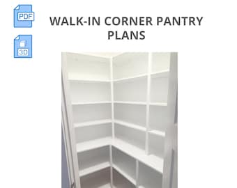 Könnte beinhalten: Eine weiße begehbare Eckspeisekammer mit mehreren Regalen. Die Speisekammer ist leer und bereit zur Organisation. Der Text auf dem Bild lautet "WALK-IN CORNER PANTRY PLANS" mit PDF- und 3D-Symbolen.