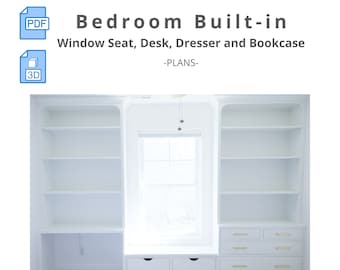 Fensterbank mit Kommode, Schreibtisch, Schubladen und Bücherregalen eingebaut