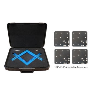 May include: A blue, adjustable, 90-degree framing square with a black carrying case. The case also includes four 1/4" x 4" x 4" adaptable fasteners.