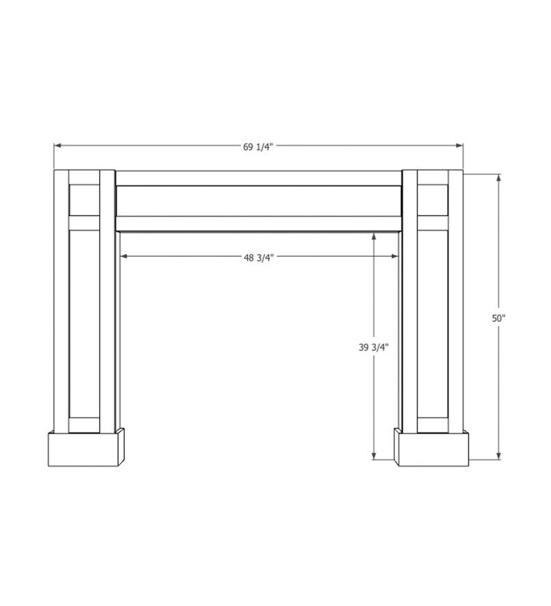 May include: Line drawing of a doorway with measurements in inches. The doorway is 69 1/4 inches wide, 48 3/4 inches tall, and 39 3/4 inches deep. The doorway is 50 inches high.