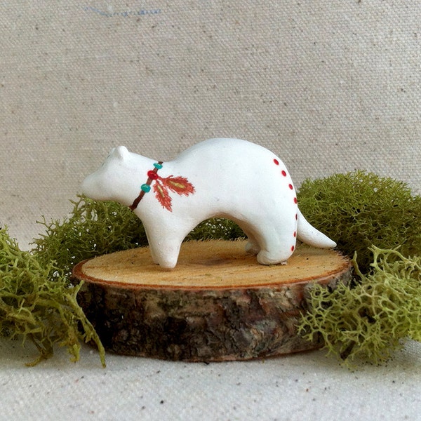 White Ferret Pocket Totem - Spirit Animal - Polymer Clay Totem - Handpainted - Handmade Totem - Ferret Totem - Native American Feathers