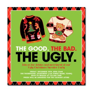 Ugly Christmas Sweater Party 6" Square Invitation with hand-drawn sweaters - The Good. The Bad. The Ugly. - Printable and Personalized