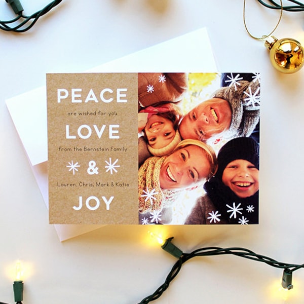 Holiday Card with Photo - 5x7 - Peace, Love and Joy - Kraft and Snowflakes - Printable and Personalized