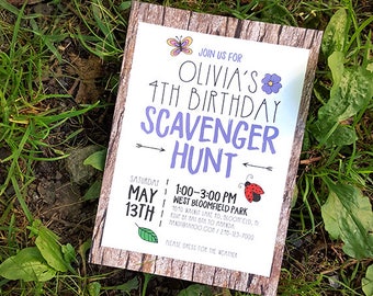 4th Birthday Party 5x7 Invitation - Scavenger Hunt - butterfly, flower, ladybug and leaf illustrations - Printable and Personalized