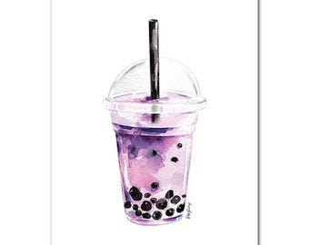 Bubble Tea Art Print - Boba, Taro Tea, Kitchen Print, Wall Art, Kids Decor, Home Decor, Office Decor, Gallery Wall - 8x10 - Watercolor