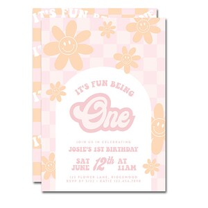 Invito festa di compleanno 5x7 - È divertente essere uno - Felice di essere uno, Hippie, Groovy, Retro, Daisy, Boho, Check - Stampabile, Personalizzato
