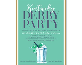 May include: A teal blue invitation with gold trim for a Kentucky Derby party. The invitation features the text "Kentucky Derby Party" in white and purple lettering. The invitation also includes a mint julep cocktail illustration and details about the event, including the date, time, and location.