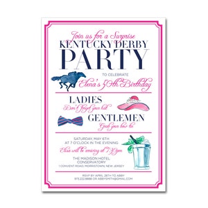 Kentucky Derby Birthday Party 5x7 Invitation - Hand-painted Mint Julep, Hat, Bowtie and Horse - Printable and Personalized