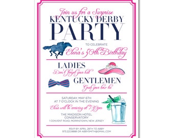 May include: A pink and blue Kentucky Derby party invitation featuring a horse and jockey, a hat, a bow tie, and a mint julep. The invitation is for Elena's 50th birthday party. The party will be held on Saturday, 6th May at 7:00 pm at The Madison Hotel Conservatory in Morristown, New Jersey.