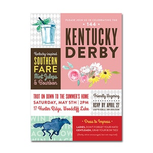 Kentucky Derby 5x7 Invitation with watercolor illustrations - Colorblock Argyle - Printable and Personalized