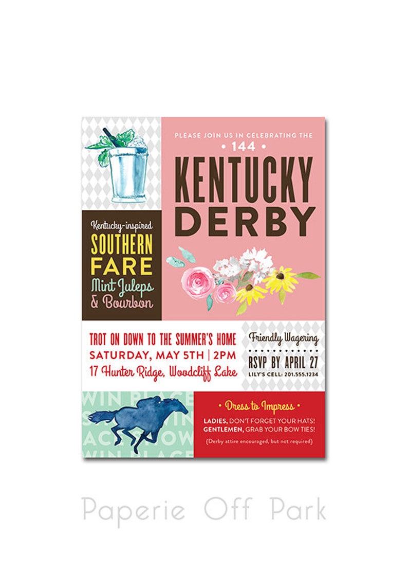 Kentucky Derby 5x7 Invitation with watercolor illustrations Colorblock Argyle Printable and Personalized